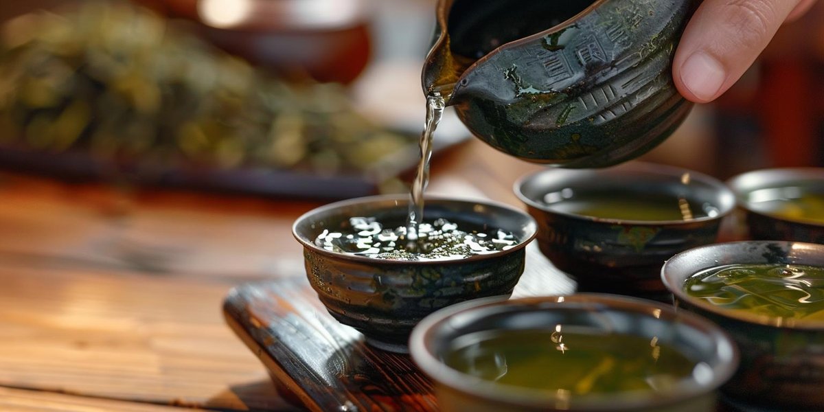 parzenie zielonej herbaty - gong fu cha nalewanie z gaiwanu do czarki